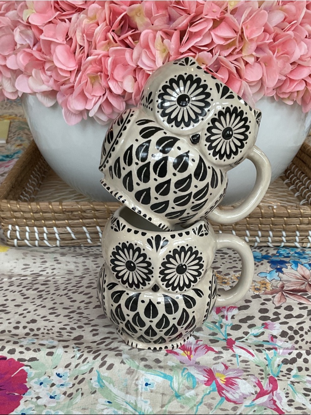 NATURAL LIFE Cream and Black Owl Ceramic Mug Set